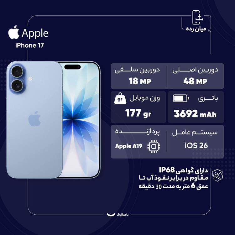 گوشی موبایل اپل مدل iPhone 17 CH دو سیم کارت ظرفیت 256 گیگابایت و رم 8 گیگابایت - نات اکتیو