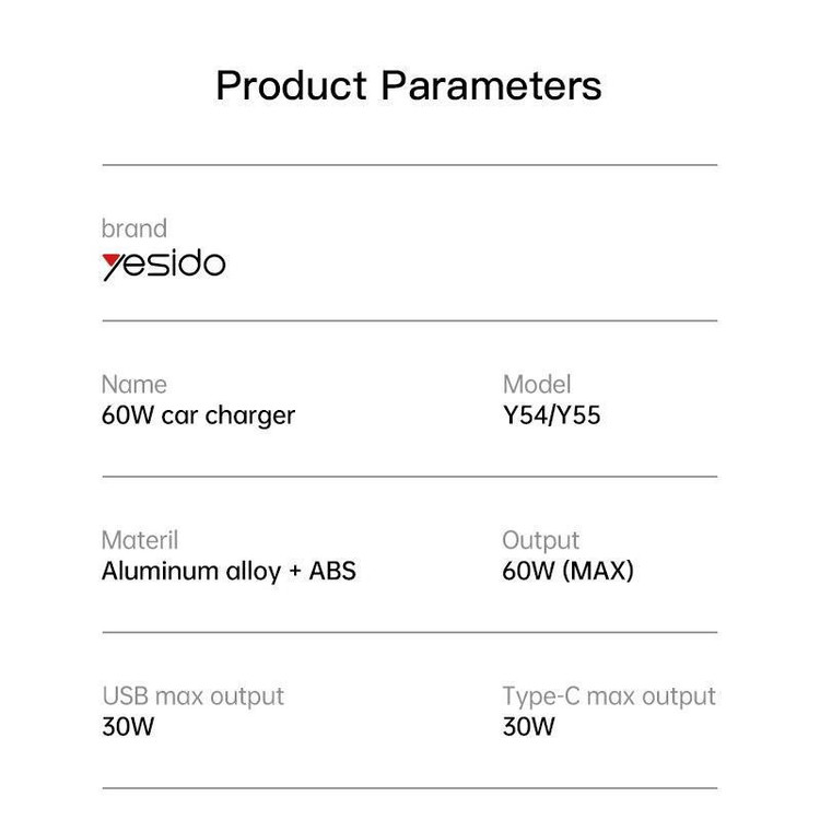 شارژر فندکی 60 وات یسیدو مدل Y54 به همراه کابل تبدیل لایتنینگ